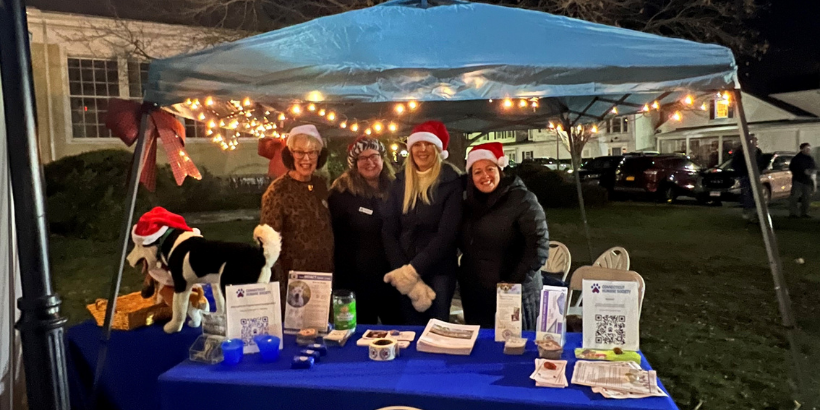 four people in winter christmas hats under canopy